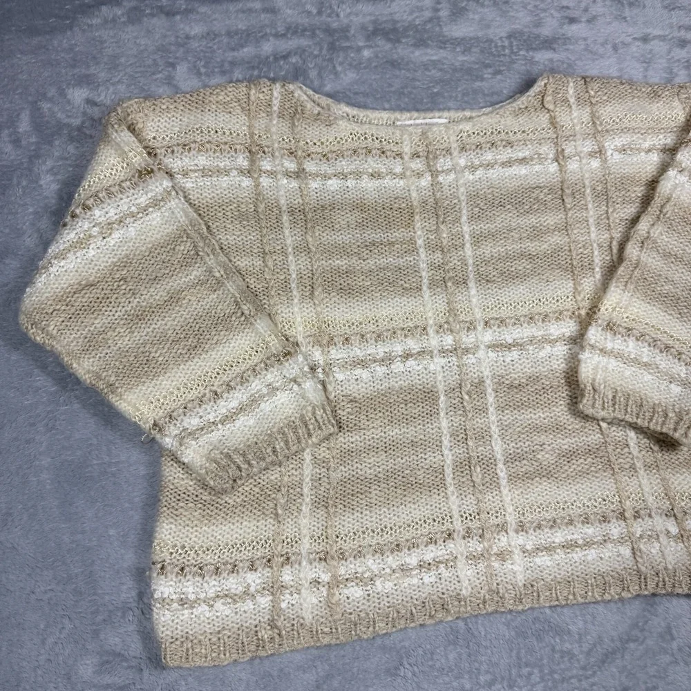 Vintage Beldoch Popper Sweater Women L Beige Cozy Textured Plaid Knit 80s - Picture 3 of 16
